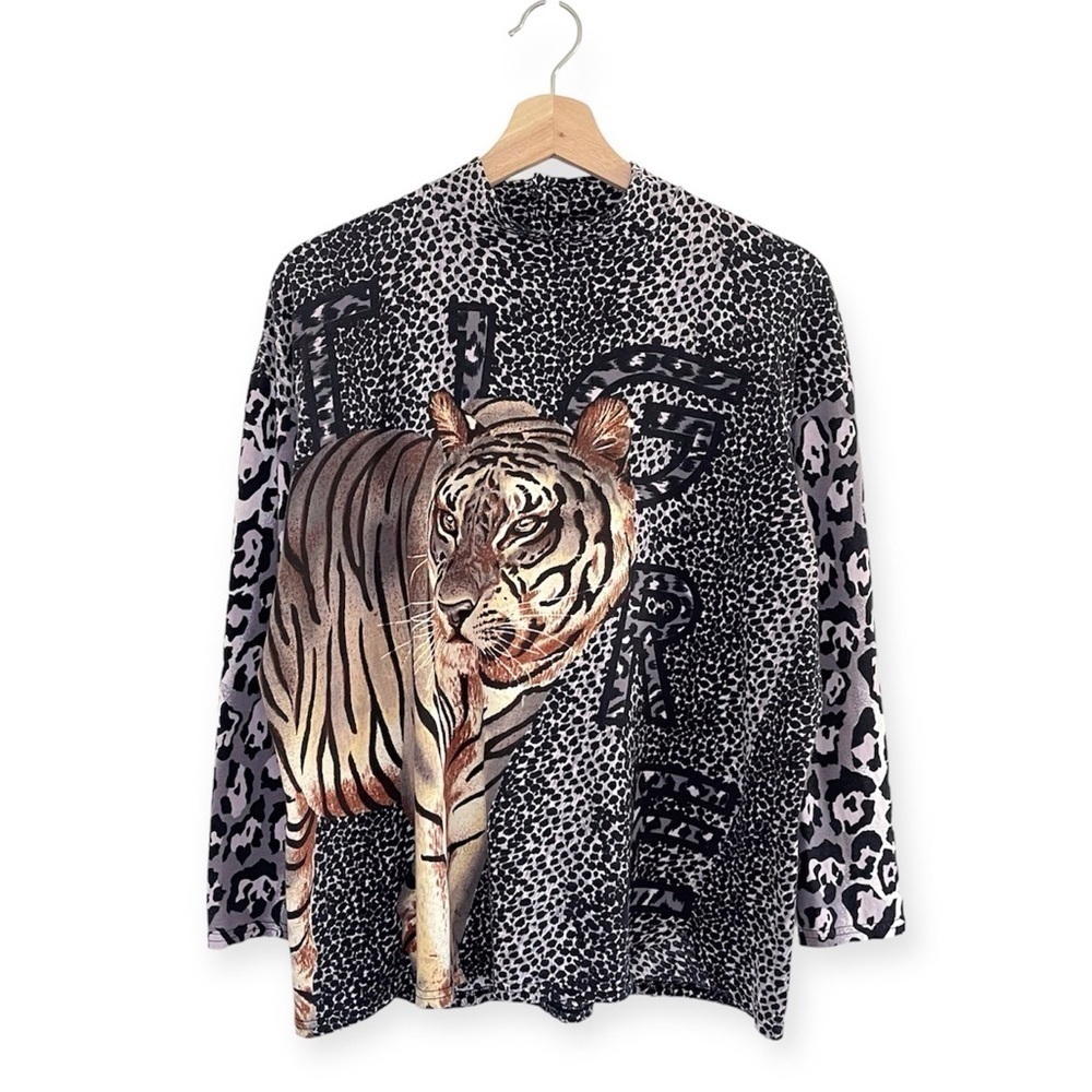 Kenzo Jungle Vintage 80s 90s Tiger Graphic Mock Neck Long Sleeve Cotton Top L